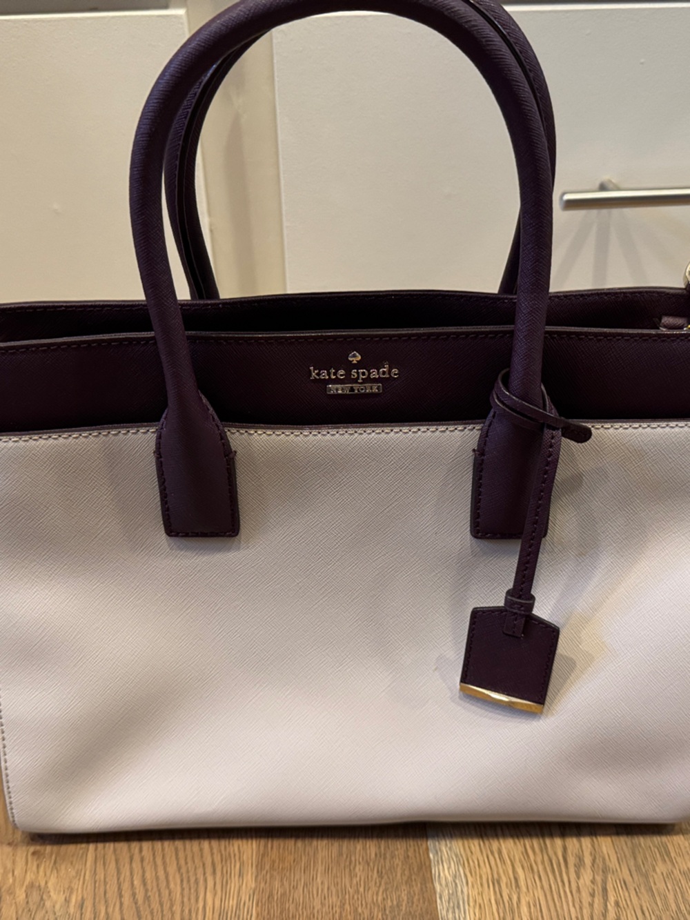 kate spade White and Deep Plum Saffiano Leather Satchel